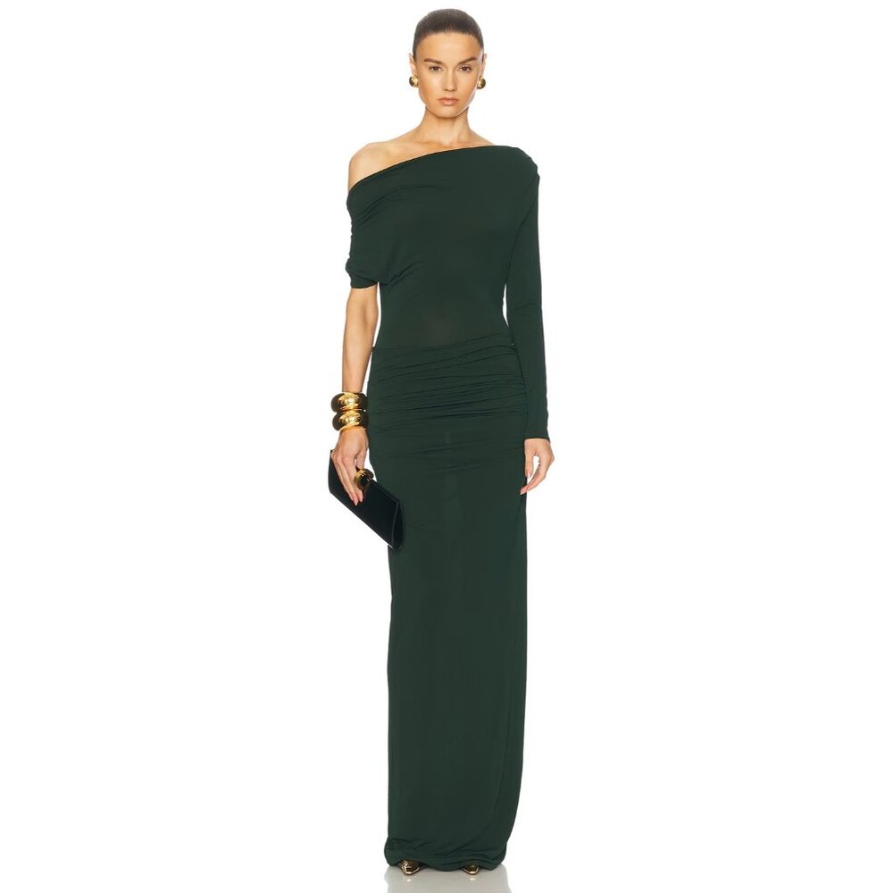Alex Perry Asymmetric Draped Jersey Maxi Dress in Forest Green